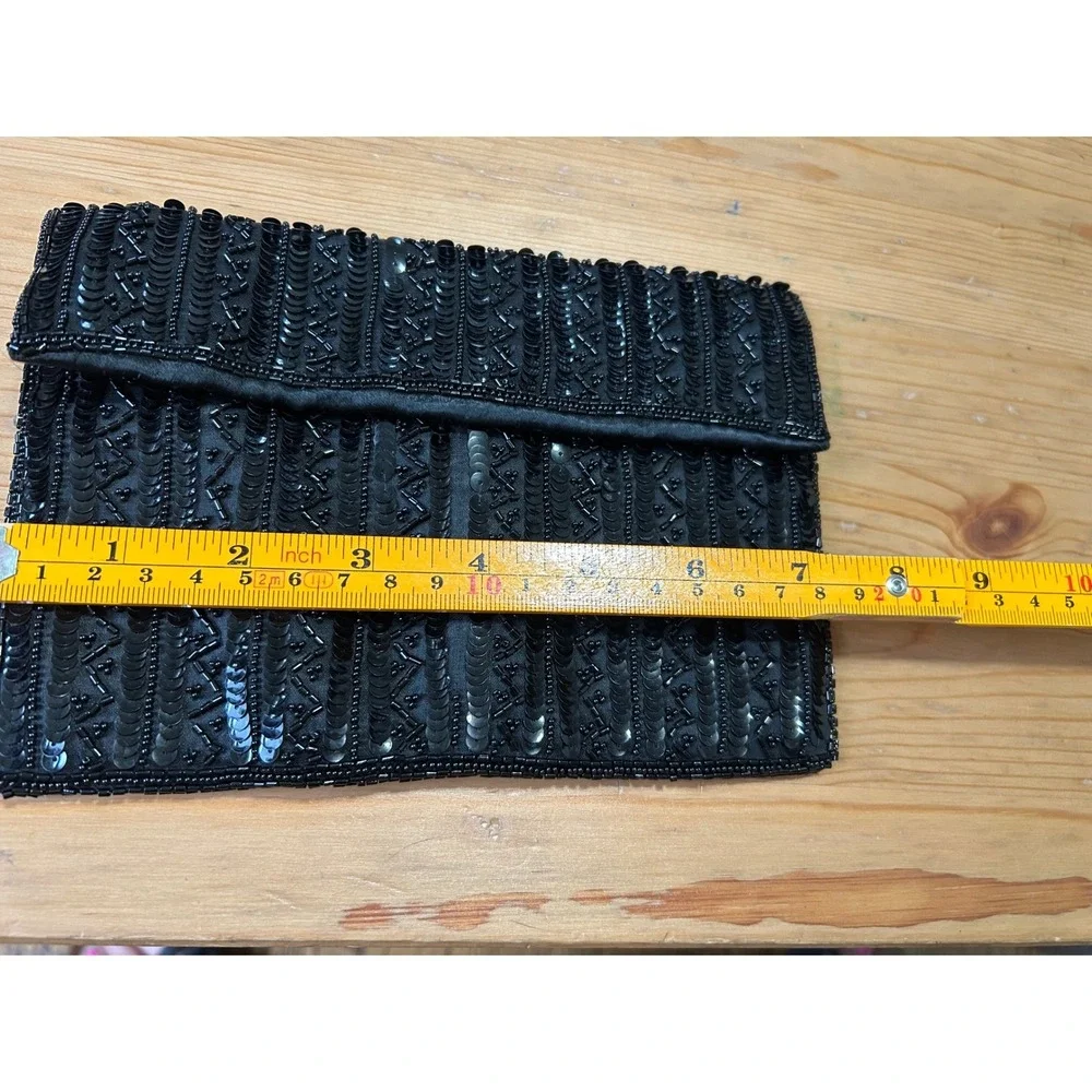 Vintage Made in France 1940s Black Bead Sequin Envelope Clutch Evening Handbag